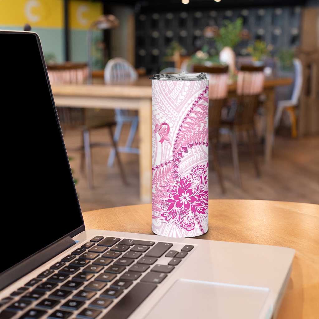 Personalised New Zealand Pink Fern Breast Cancer Skinny Tumbler Polynesian Pattern
