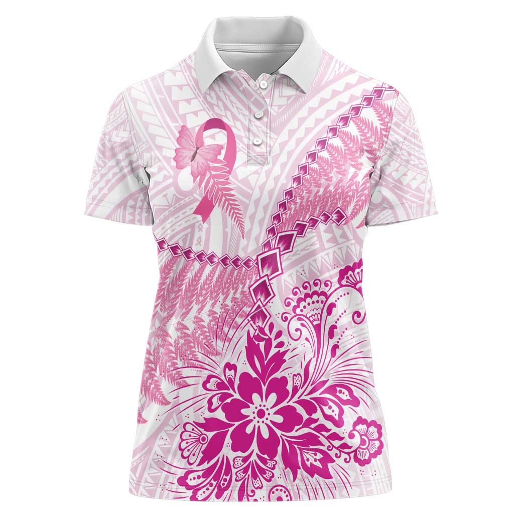 Personalised New Zealand Pink Fern Breast Cancer Women Polo Shirt Polynesian Pattern