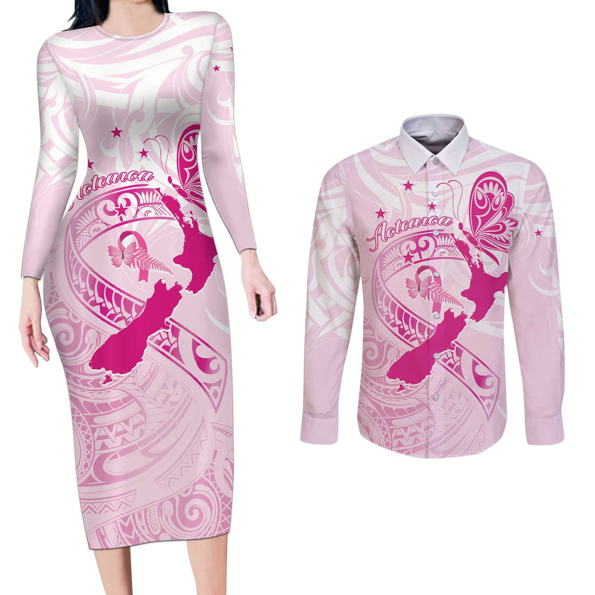 Personalised Aotearoa Breast Cancer Couples Matching Long Sleeve Bodycon Dress and Long Sleeve Button Shirt New Zealand Maori Pattern LT01 Pink - Polynesian Pride
