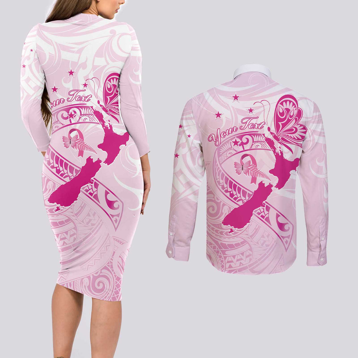 Personalised Aotearoa Breast Cancer Couples Matching Long Sleeve Bodycon Dress and Long Sleeve Button Shirt New Zealand Maori Pattern LT01 - Polynesian Pride