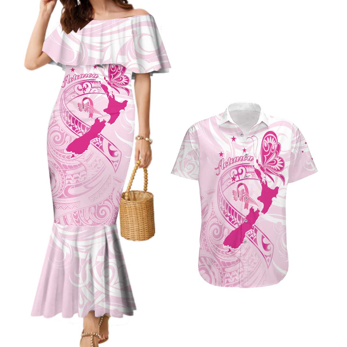 Personalised Aotearoa Breast Cancer Couples Matching Mermaid Dress and Hawaiian Shirt New Zealand Maori Pattern