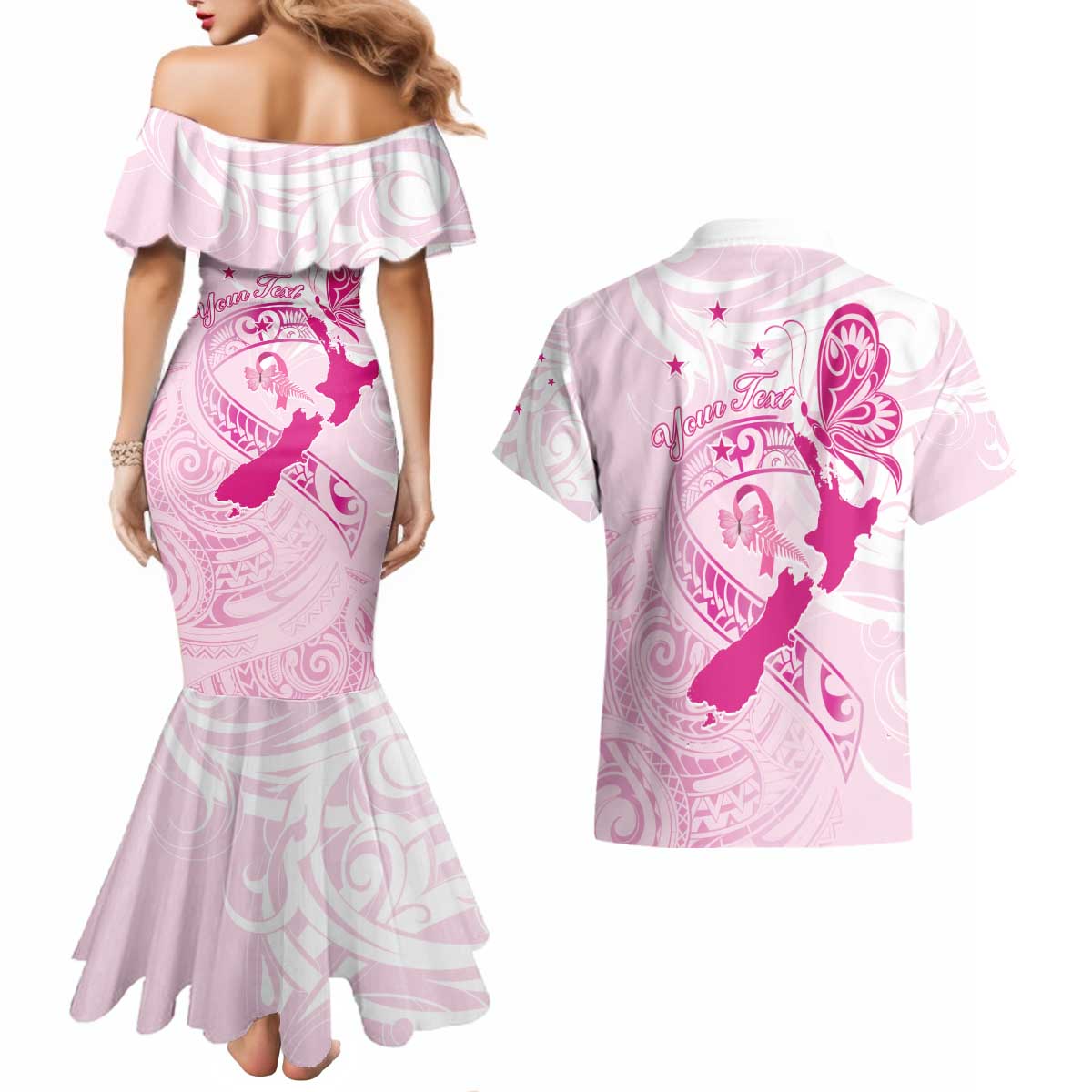 Personalised Aotearoa Breast Cancer Couples Matching Mermaid Dress and Hawaiian Shirt New Zealand Maori Pattern