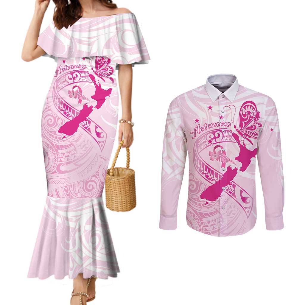 Personalised Aotearoa Breast Cancer Couples Matching Mermaid Dress and Long Sleeve Button Shirt New Zealand Maori Pattern LT01 Pink - Polynesian Pride