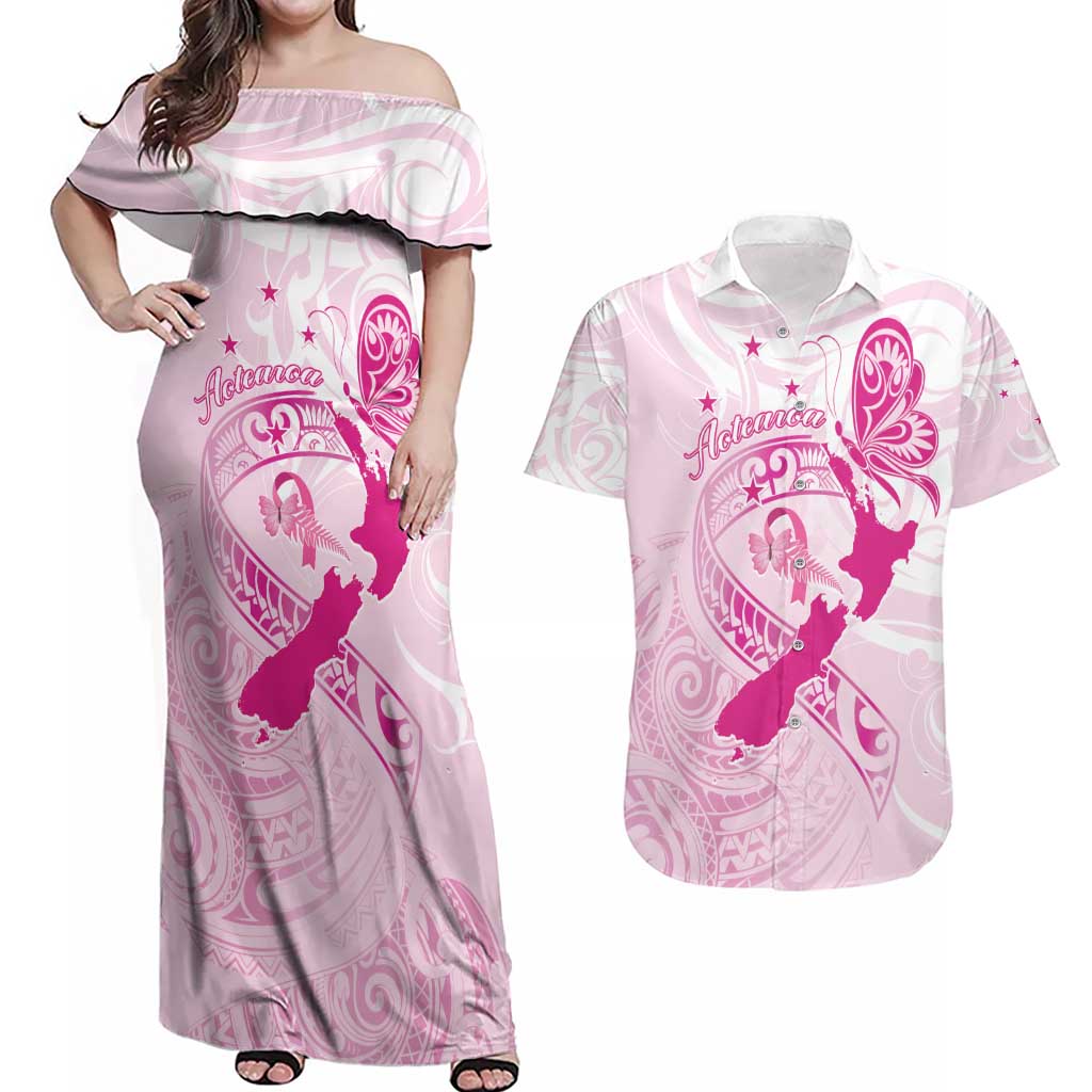 Personalised Aotearoa Breast Cancer Couples Matching Off Shoulder Maxi Dress and Hawaiian Shirt New Zealand Maori Pattern LT01 Pink - Polynesian Pride