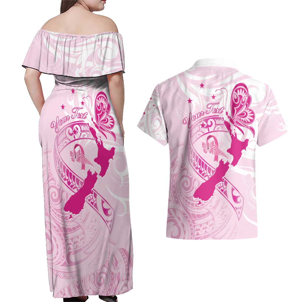 Personalised Aotearoa Breast Cancer Couples Matching Off Shoulder Maxi Dress and Hawaiian Shirt New Zealand Maori Pattern LT01 - Polynesian Pride