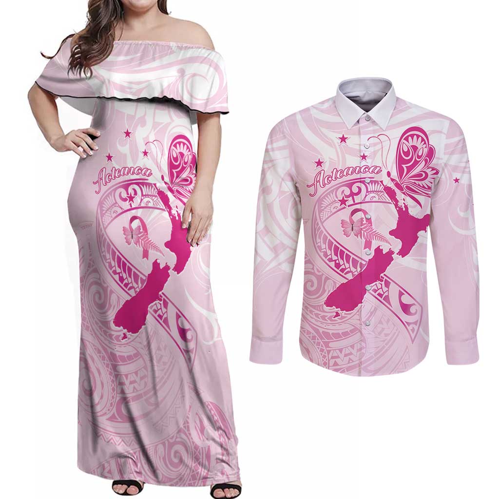 Personalised Aotearoa Breast Cancer Couples Matching Off Shoulder Maxi Dress and Long Sleeve Button Shirt New Zealand Maori Pattern LT01 Pink - Polynesian Pride