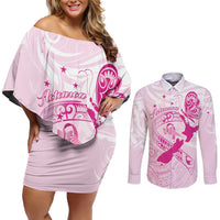Personalised Aotearoa Breast Cancer Couples Matching Off Shoulder Short Dress and Long Sleeve Button Shirt New Zealand Maori Pattern LT01 Pink - Polynesian Pride