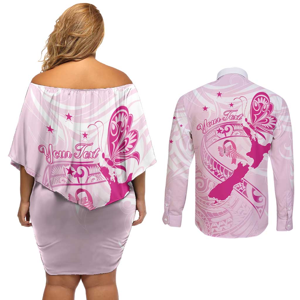 Personalised Aotearoa Breast Cancer Couples Matching Off Shoulder Short Dress and Long Sleeve Button Shirt New Zealand Maori Pattern LT01 - Polynesian Pride
