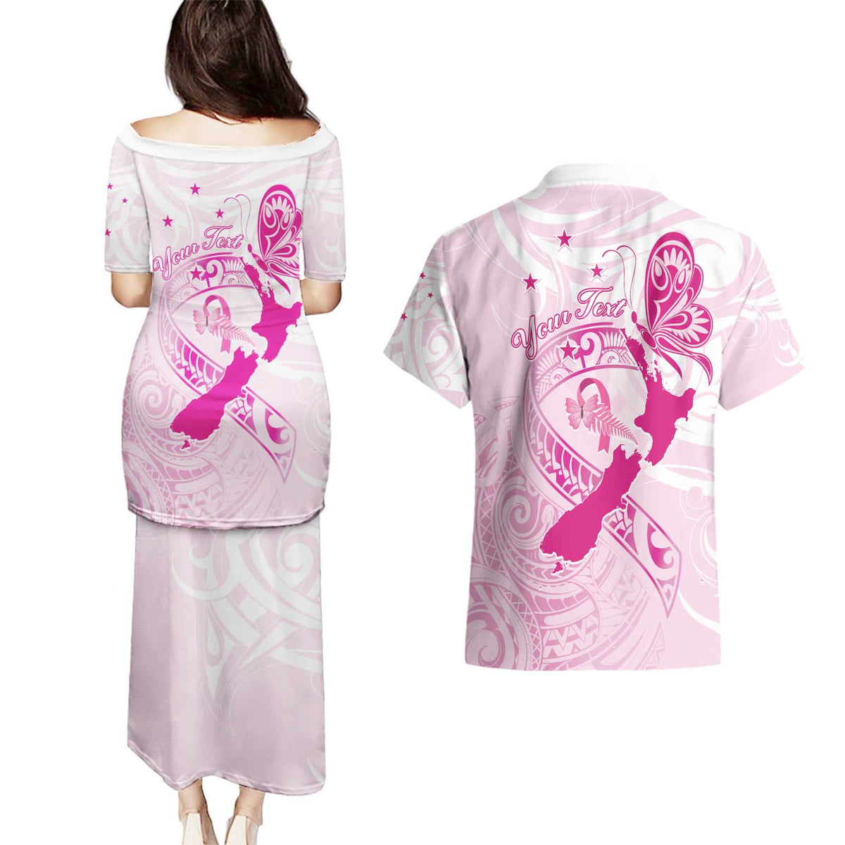 Personalised Aotearoa Breast Cancer Couples Matching Puletasi and Hawaiian Shirt New Zealand Maori Pattern LT01 - Polynesian Pride