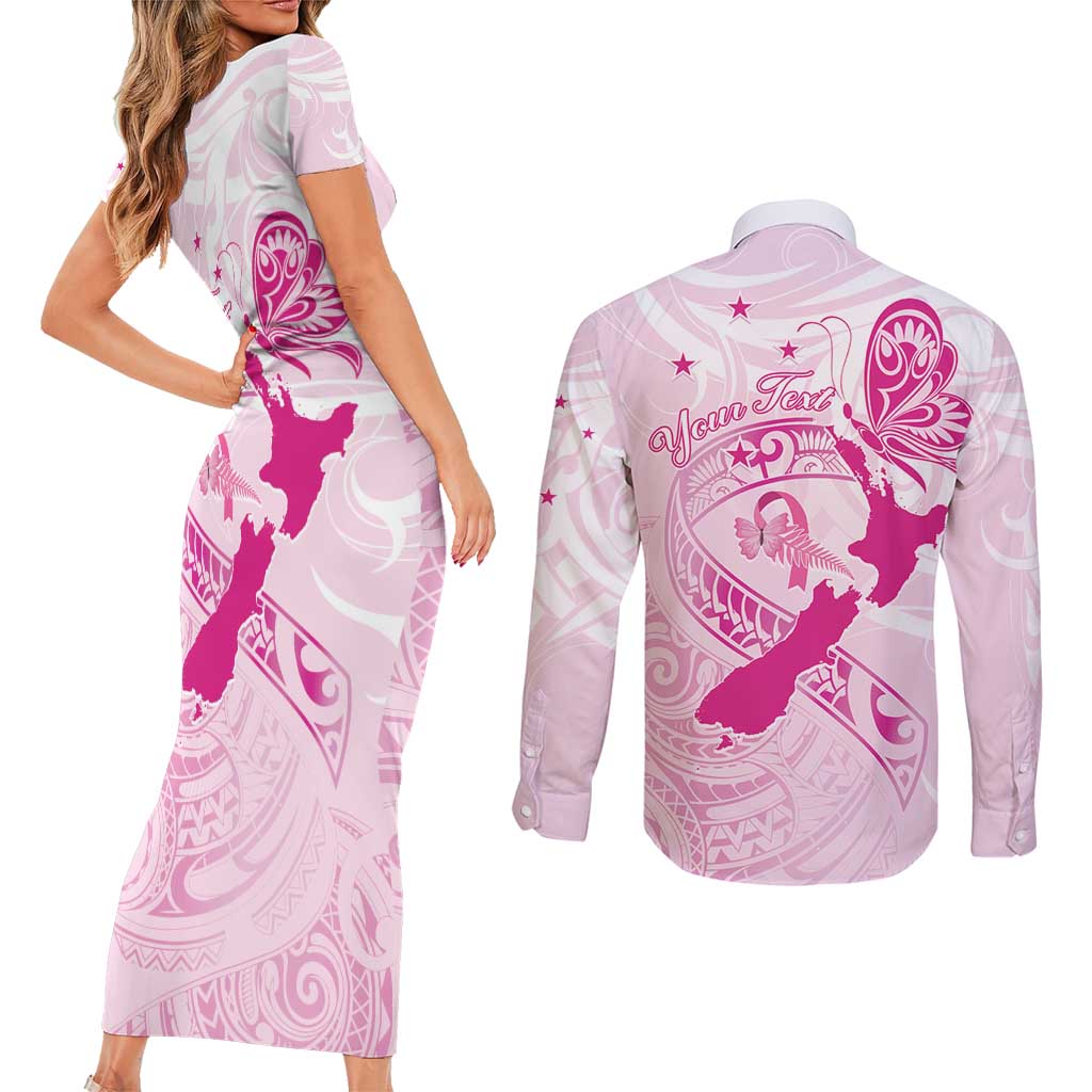 Personalised Aotearoa Breast Cancer Couples Matching Short Sleeve Bodycon Dress and Long Sleeve Button Shirt New Zealand Maori Pattern LT01 - Polynesian Pride