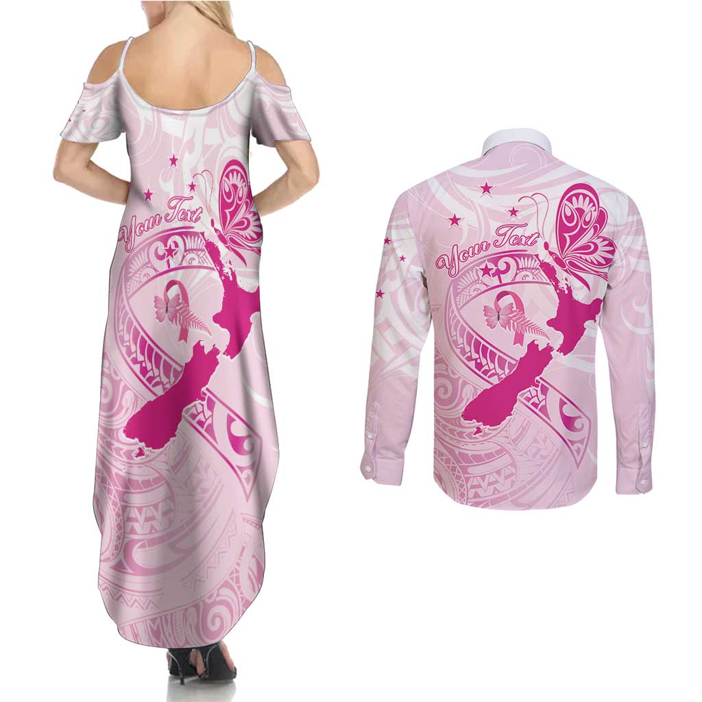 Personalised Aotearoa Breast Cancer Couples Matching Summer Maxi Dress and Long Sleeve Button Shirt New Zealand Maori Pattern LT01 - Polynesian Pride