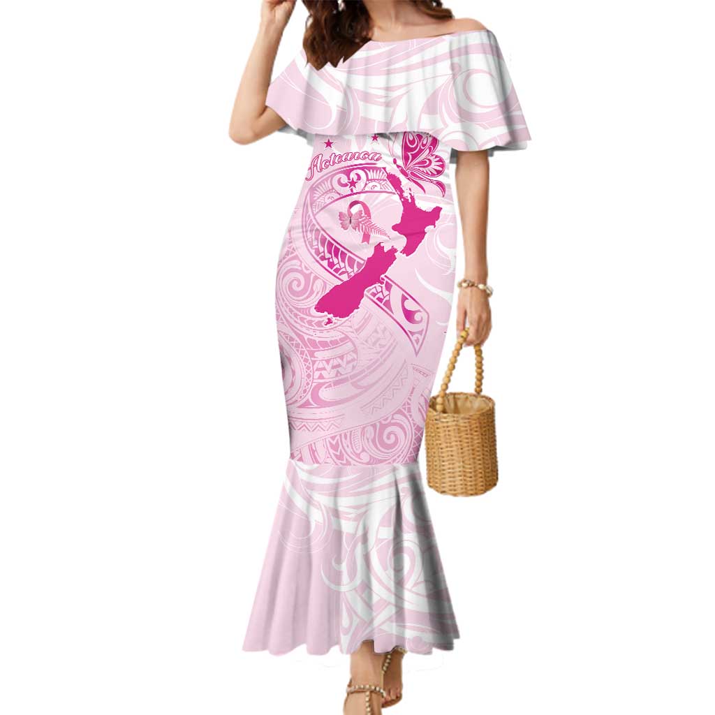 Personalised Aotearoa Breast Cancer Family Matching Mermaid Dress and Hawaiian Shirt New Zealand Maori Pattern LT01 Mom's Dress Pink - Polynesian Pride