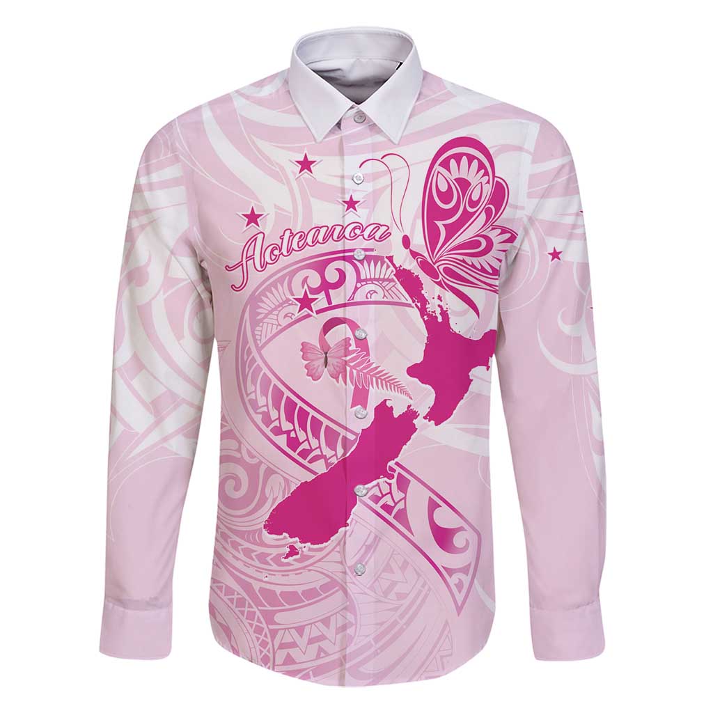 Personalised Aotearoa Breast Cancer Family Matching Summer Maxi Dress and Hawaiian Shirt New Zealand Maori Pattern LT01 Dad's Shirt - Long Sleeve Pink - Polynesian Pride