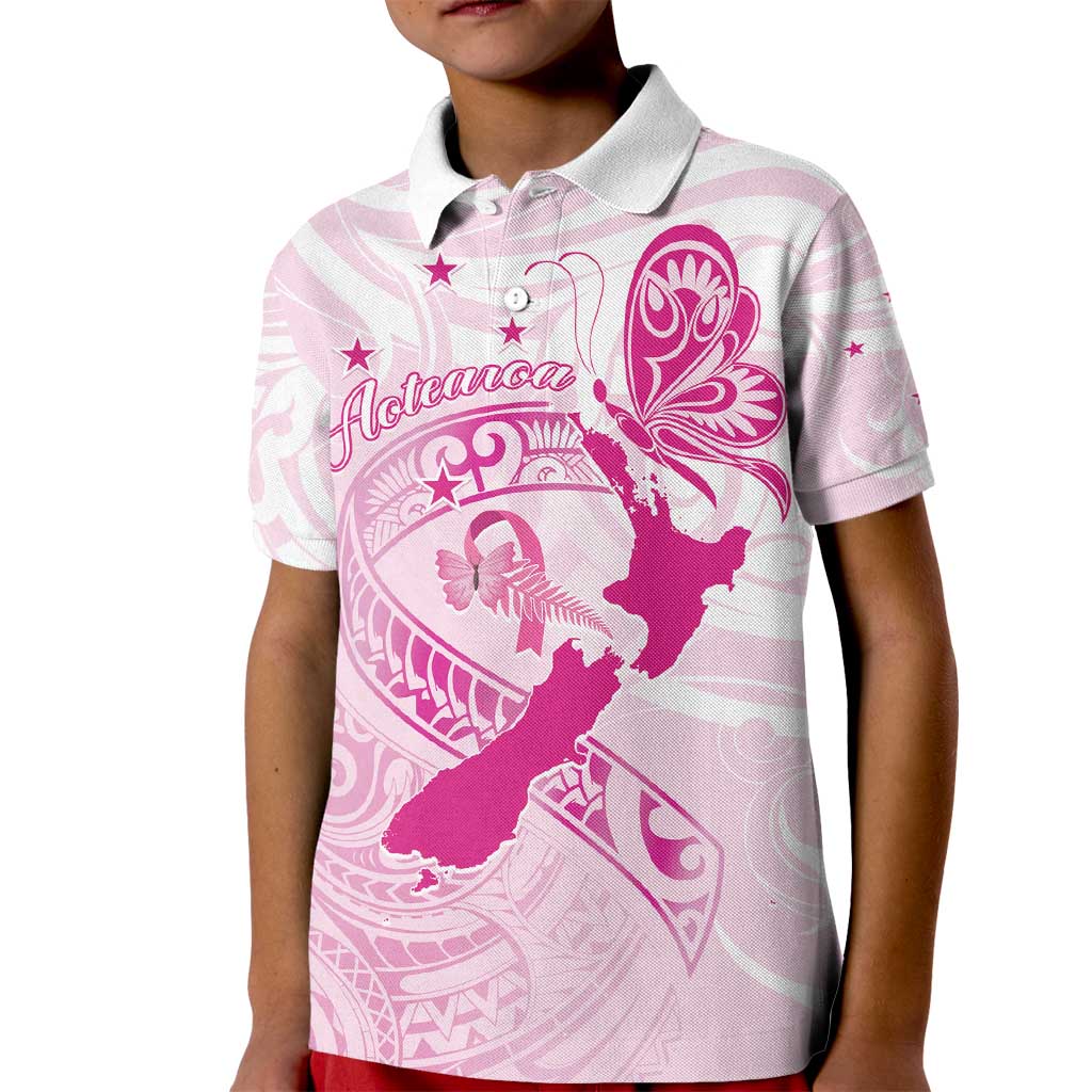 Personalised Aotearoa Breast Cancer Kid Polo Shirt New Zealand Maori Pattern LT01 Kid Pink - Polynesian Pride