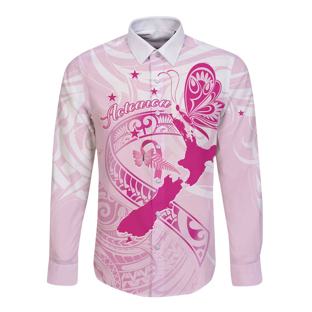 Personalised Aotearoa Breast Cancer Long Sleeve Button Shirt New Zealand Maori Pattern LT01 Unisex Pink - Polynesian Pride