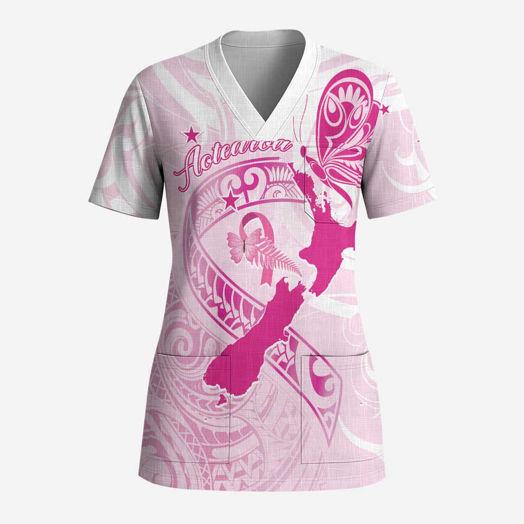Personalised Aotearoa Breast Cancer Scrub Top New Zealand Maori Pattern - Polynesian Pride
