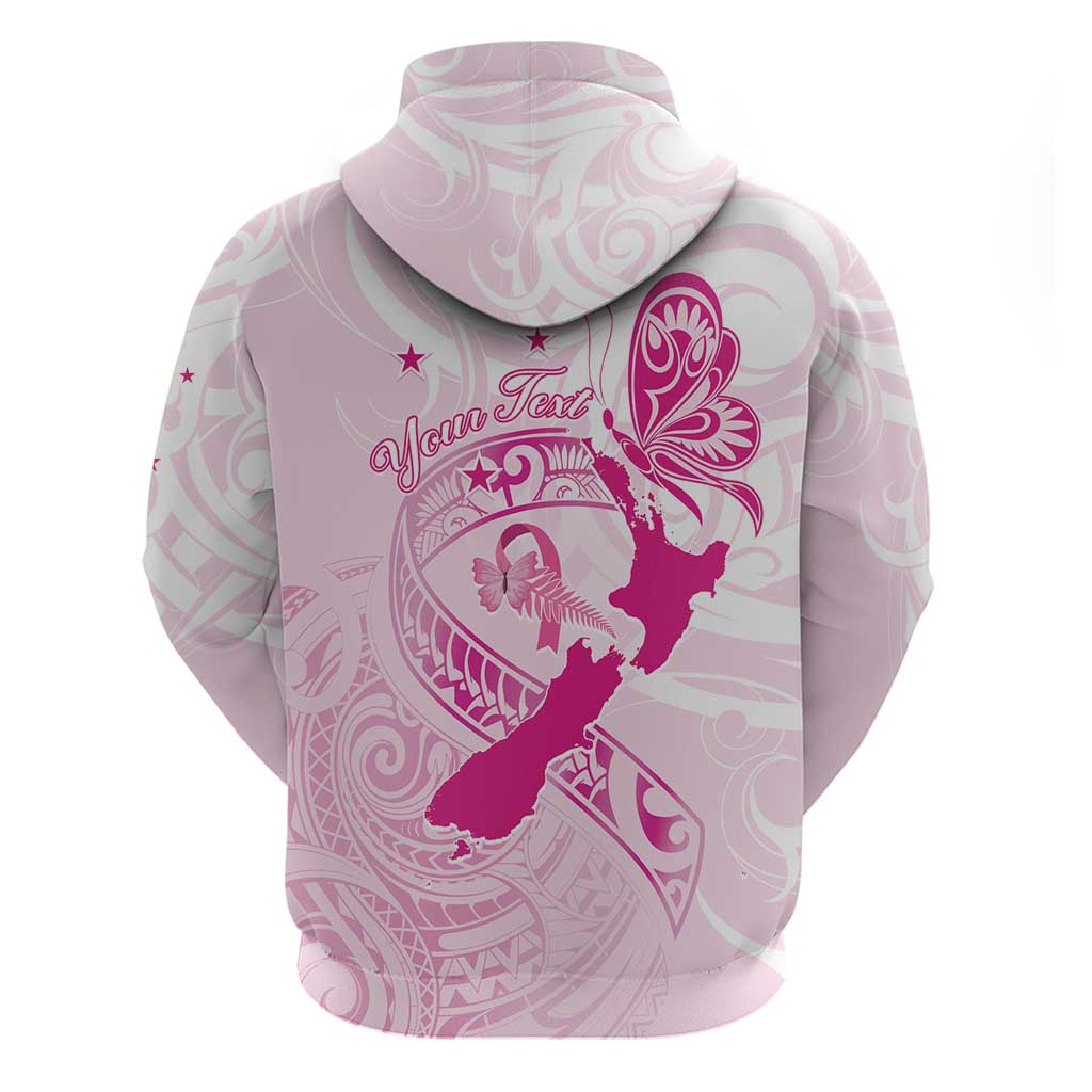 Personalised Aotearoa Breast Cancer Zip Hoodie New Zealand Maori Pattern