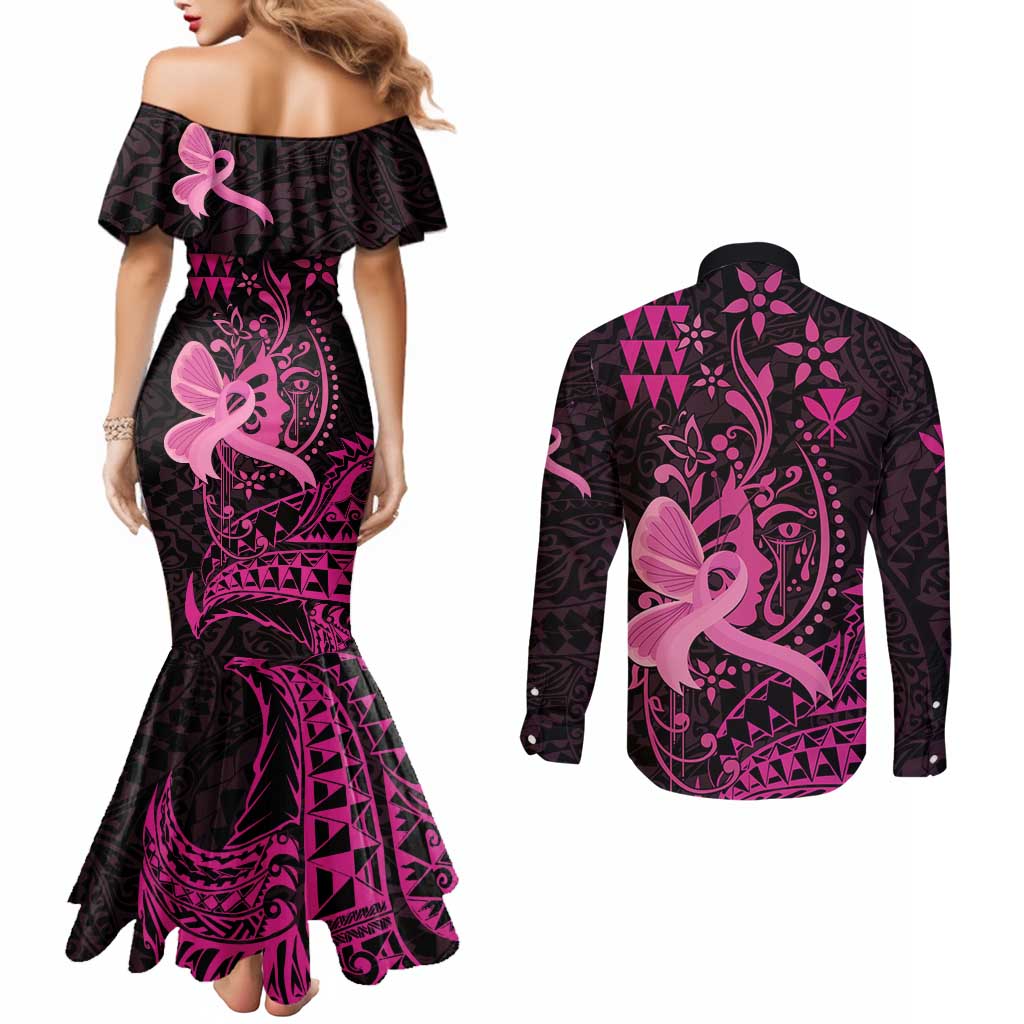 Hawaii Breast Cancer Couples Matching Mermaid Dress and Long Sleeve Button Shirt Girl Floral Kakau Pattern