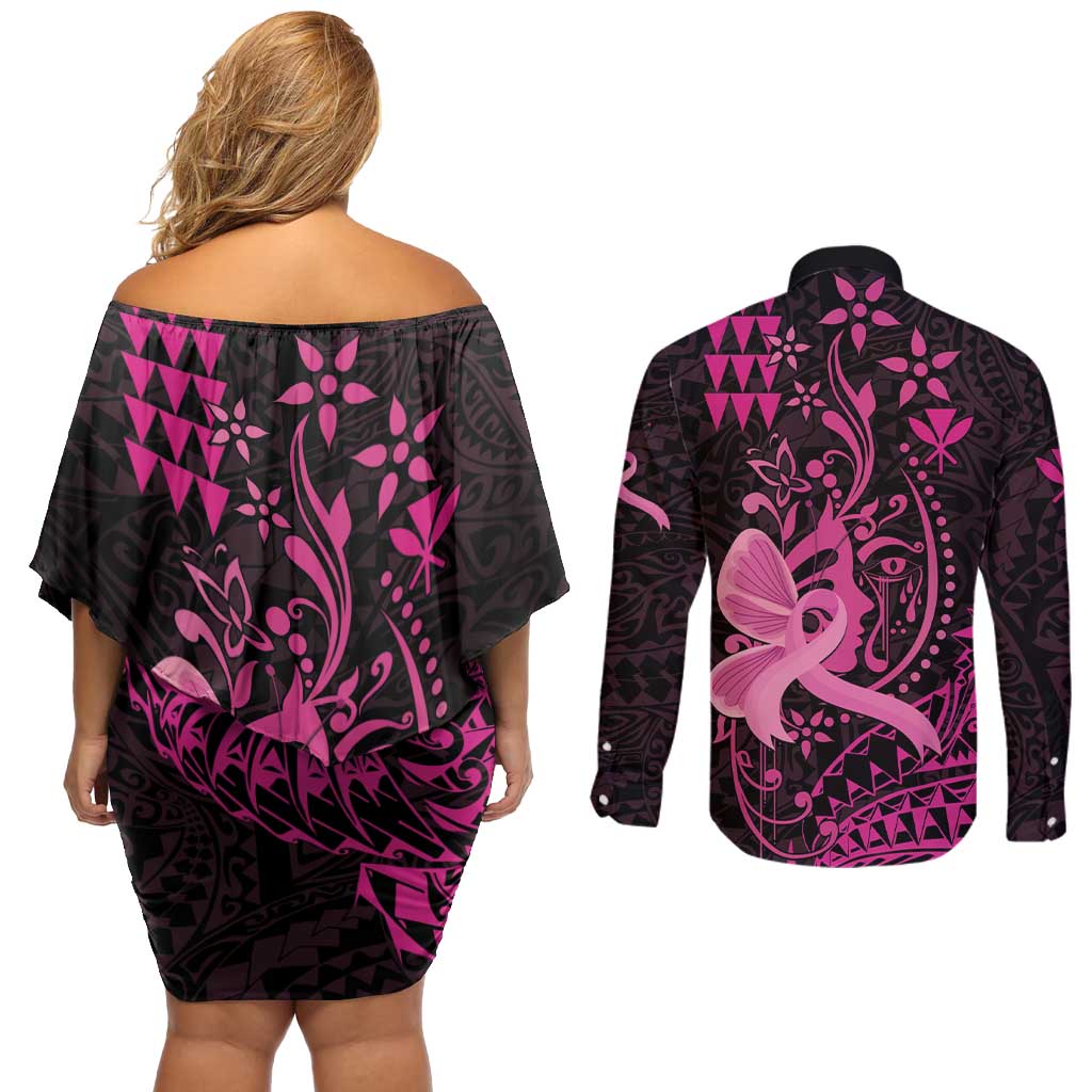 Hawaii Breast Cancer Couples Matching Off Shoulder Short Dress and Long Sleeve Button Shirt Girl Floral Kakau Pattern