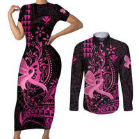 Hawaii Breast Cancer Couples Matching Short Sleeve Bodycon Dress and Long Sleeve Button Shirt Girl Floral Kakau Pattern
