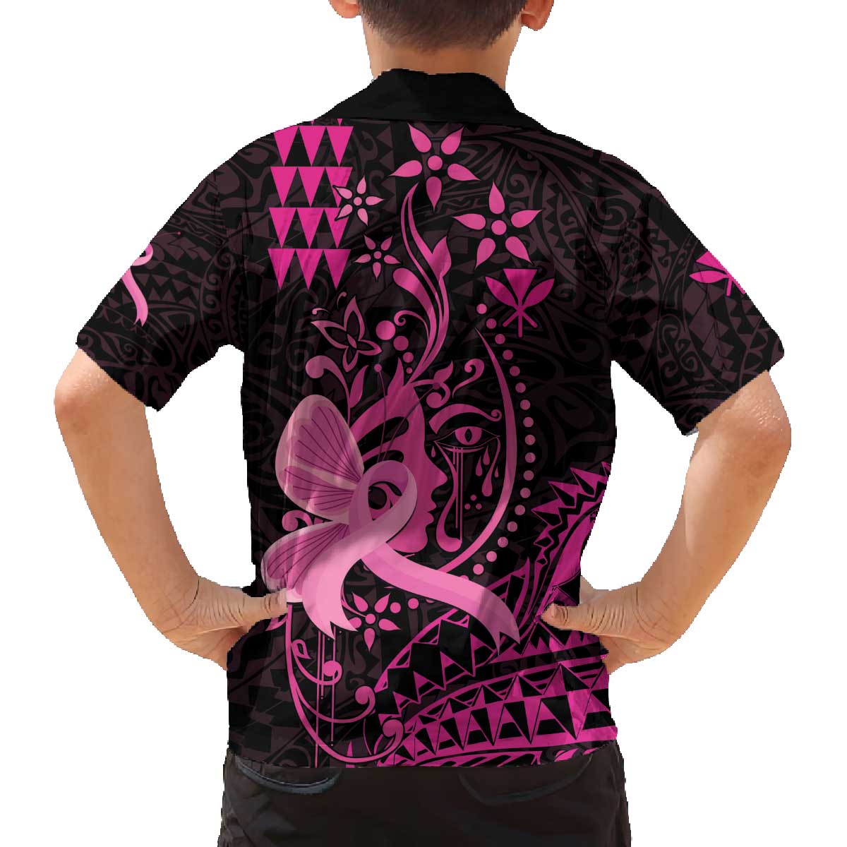 Hawaii Breast Cancer Family Matching Off Shoulder Short Dress and Hawaiian Shirt Girl Floral Kakau Pattern