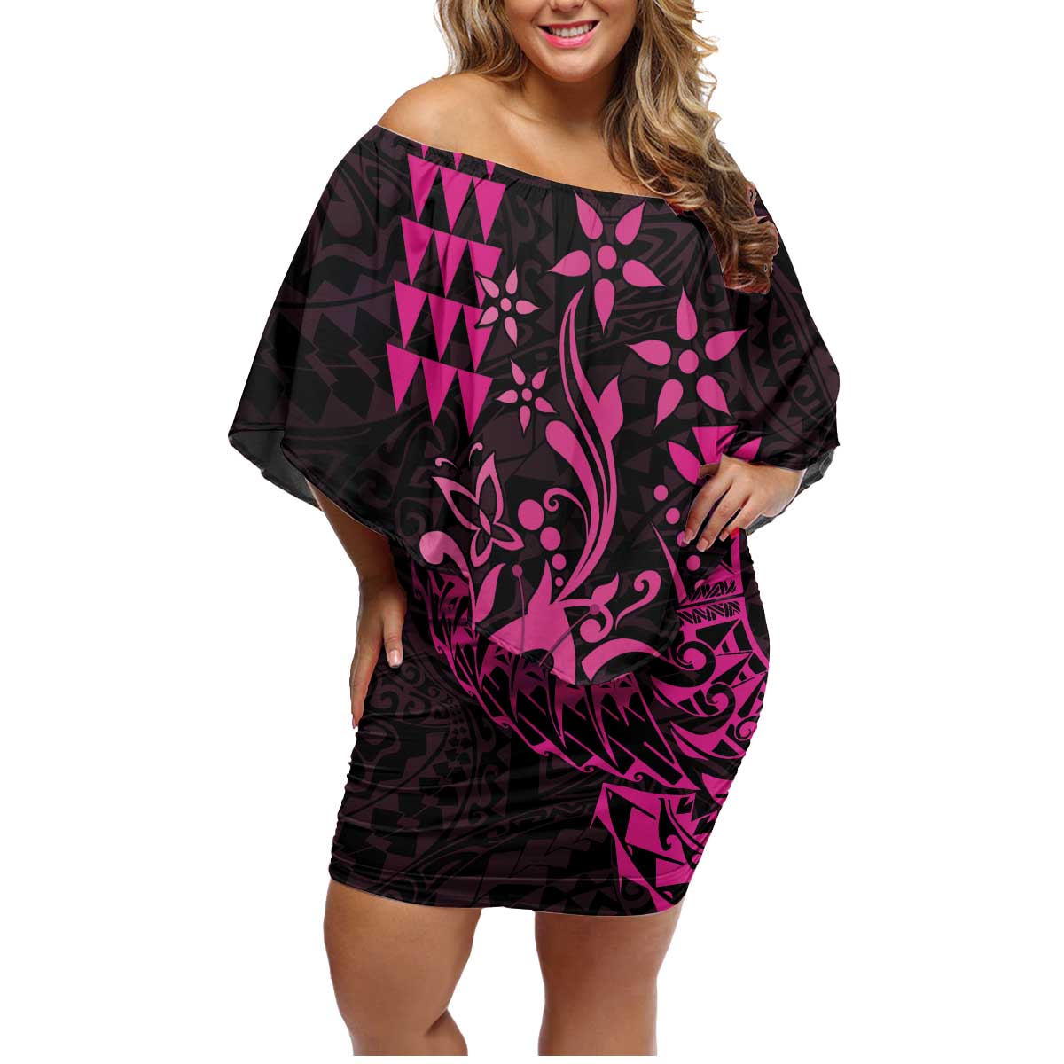 Hawaii Breast Cancer Family Matching Off Shoulder Short Dress and Hawaiian Shirt Girl Floral Kakau Pattern