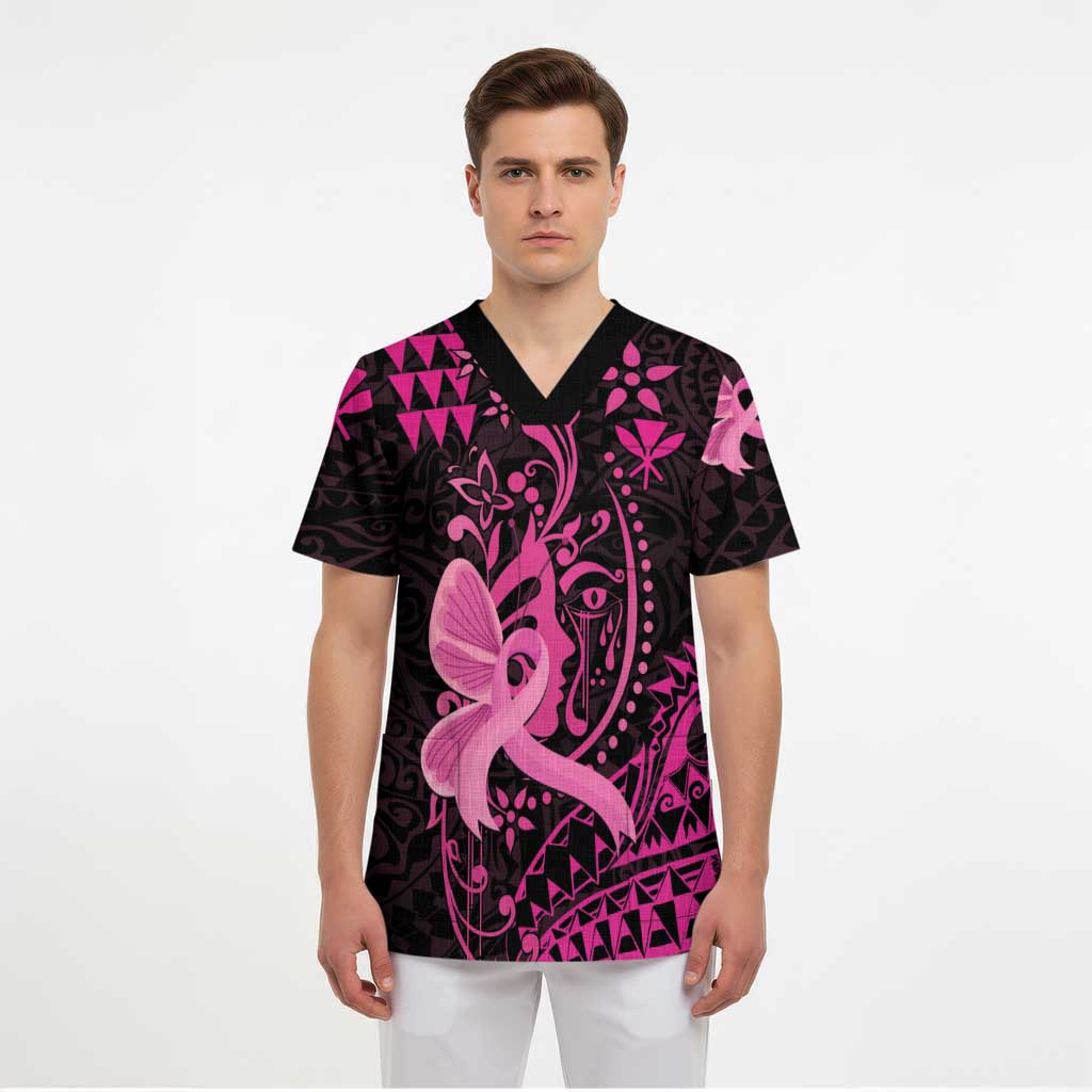 Hawaii Breast Cancer Scrub Top Girl Floral Kakau Pattern - Polynesian Pride