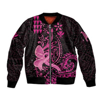 Hawaii Breast Cancer Sleeve Zip Bomber Jacket Girl Floral Kakau Pattern