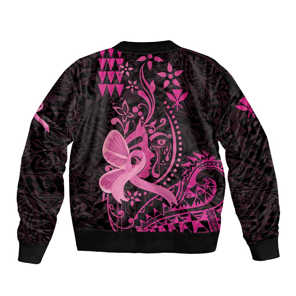 Hawaii Breast Cancer Sleeve Zip Bomber Jacket Girl Floral Kakau Pattern