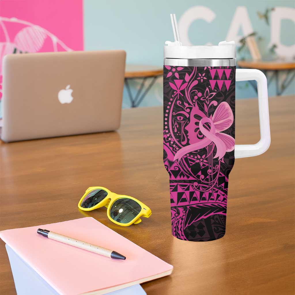 Hawaii Breast Cancer Tumbler With Handle Girl Floral Kakau Pattern
