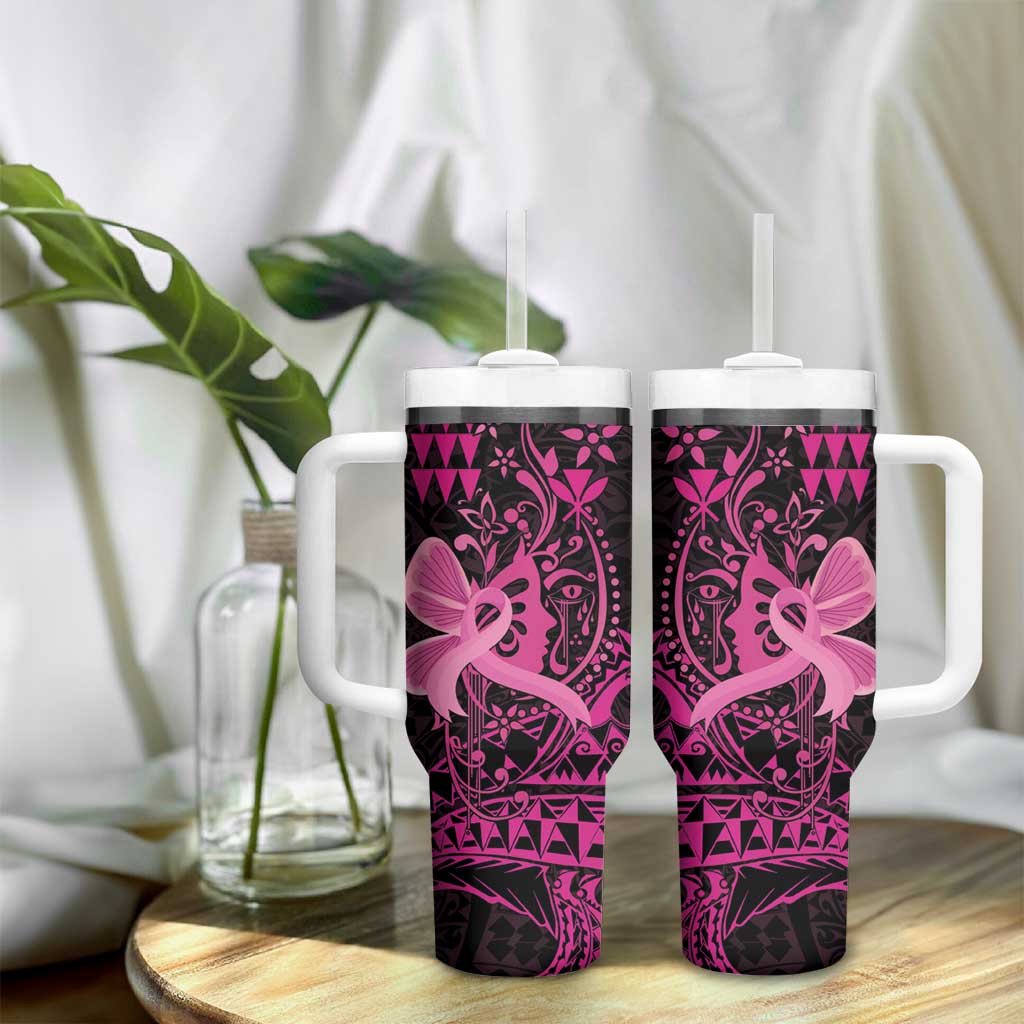 Hawaii Breast Cancer Tumbler With Handle Girl Floral Kakau Pattern
