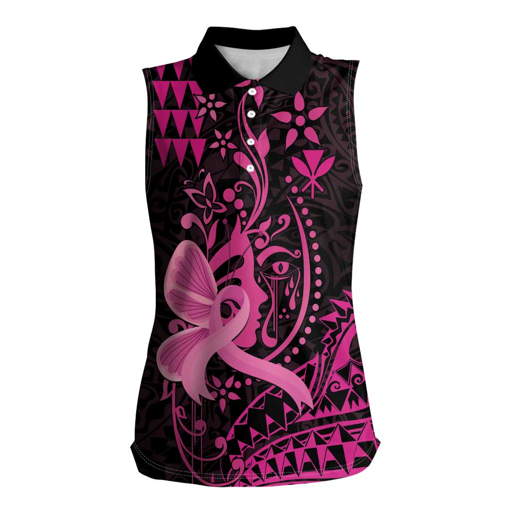 Hawaii Breast Cancer Women Sleeveless Polo Shirt Girl Floral Kakau Pattern