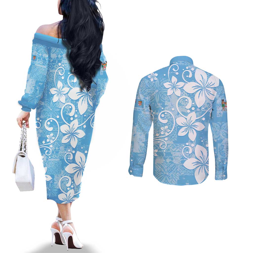 Fiji Tapa Pattern Couples Matching Off The Shoulder Long Sleeve Dress and Long Sleeve Button Shirt Plumeria Floral