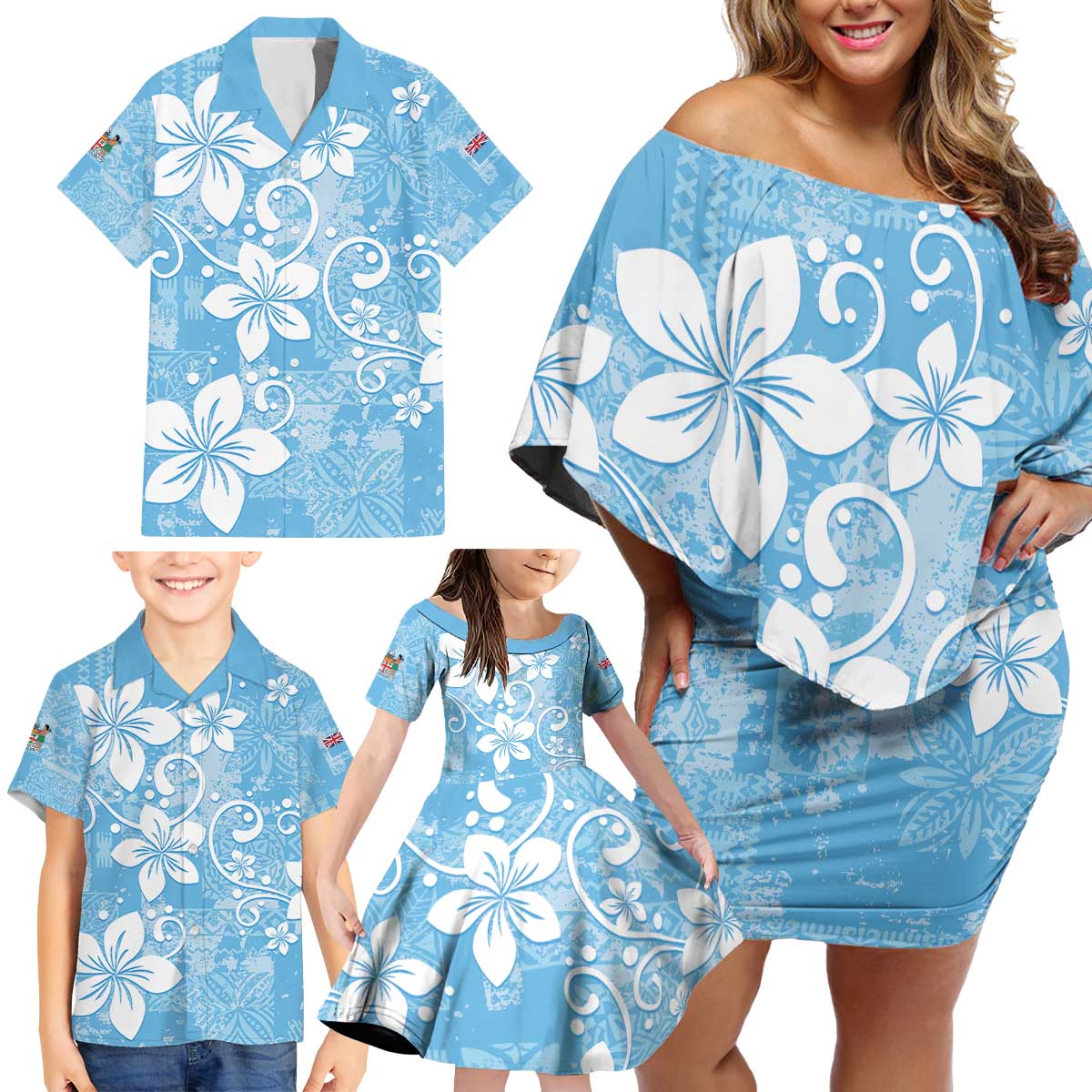 Fiji Tapa Pattern Family Matching Off Shoulder Short Dress and Hawaiian Shirt Plumeria Floral