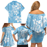 Fiji Tapa Pattern Family Matching Off Shoulder Short Dress and Hawaiian Shirt Plumeria Floral