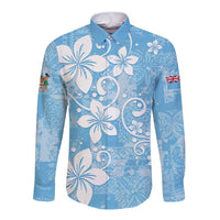 Fiji Tapa Pattern Long Sleeve Button Shirt Plumeria Floral LT01 Unisex Blue - Polynesian Pride