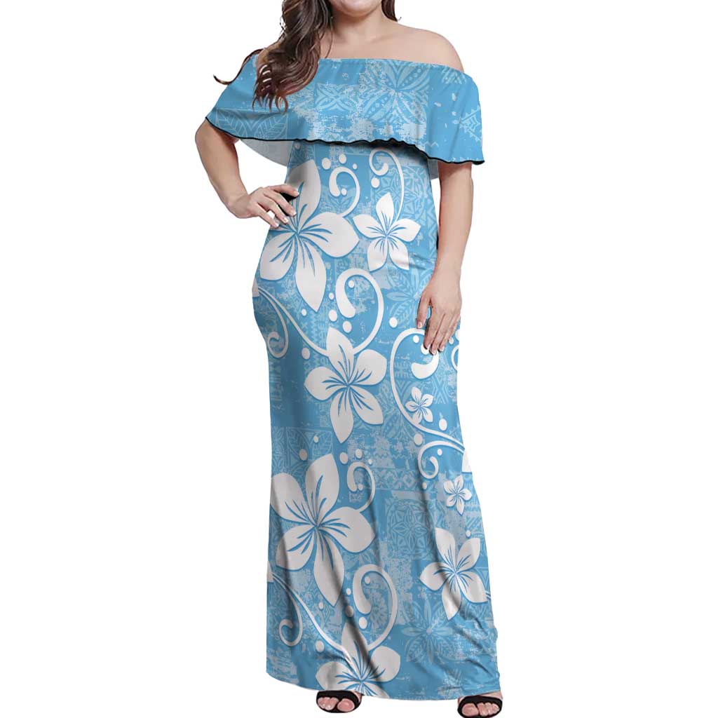 Fiji Tapa Pattern Off Shoulder Maxi Dress Plumeria Floral