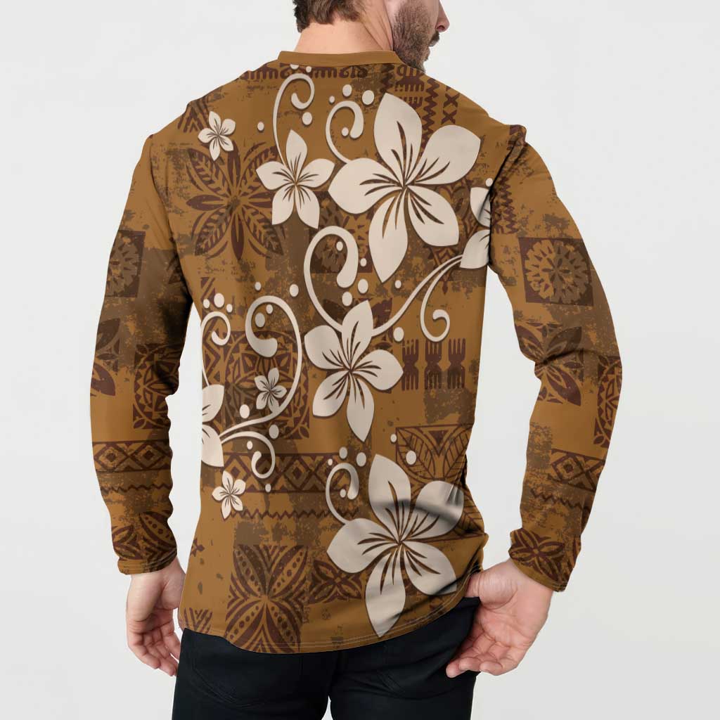 Plumeria Floral Tapa Pattern Vintage Gold Button Sweatshirt