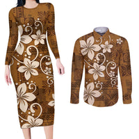 Plumeria Floral Tapa Pattern Vintage Gold Couples Matching Long Sleeve Bodycon Dress and Long Sleeve Button Shirt