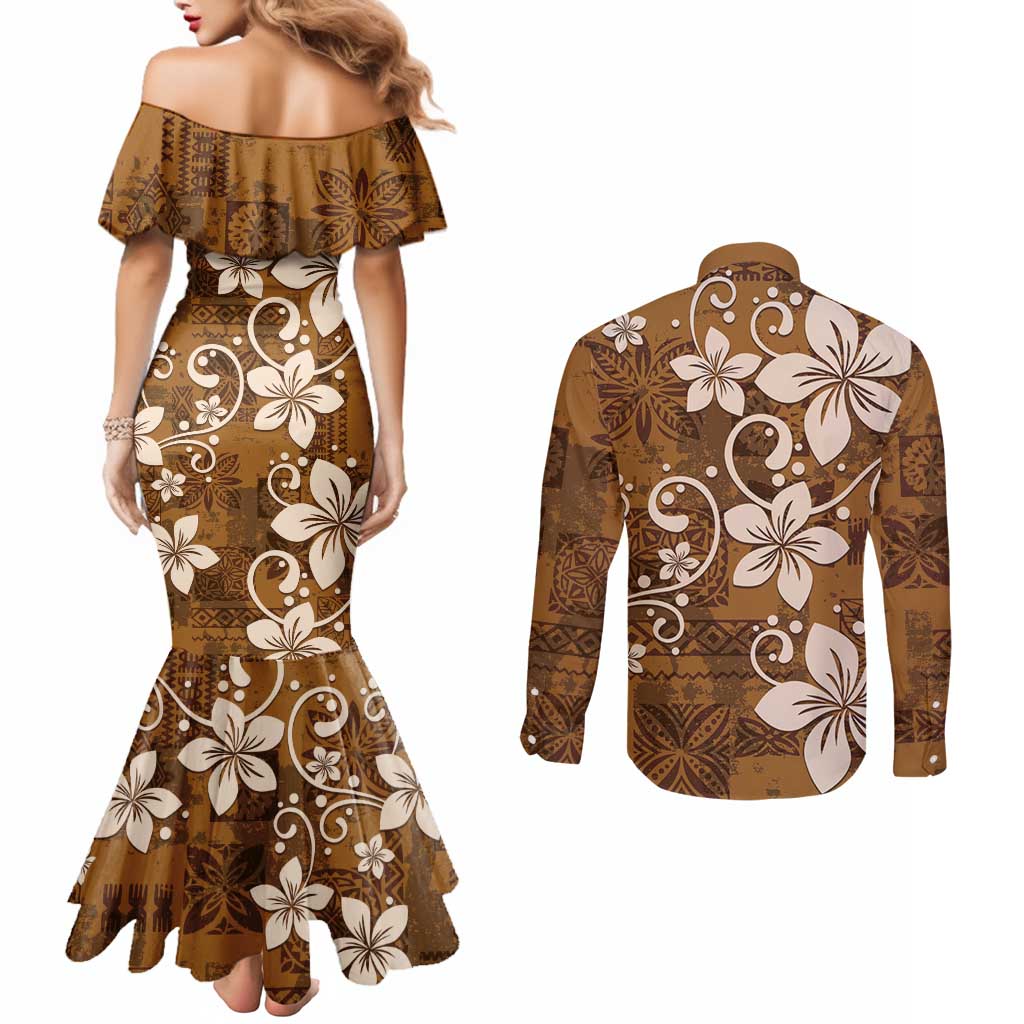 Plumeria Floral Tapa Pattern Vintage Gold Couples Matching Mermaid Dress and Long Sleeve Button Shirt