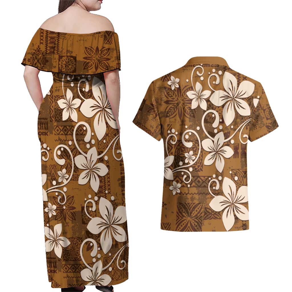 Plumeria Floral Tapa Pattern Vintage Gold Couples Matching Off Shoulder Maxi Dress and Hawaiian Shirt