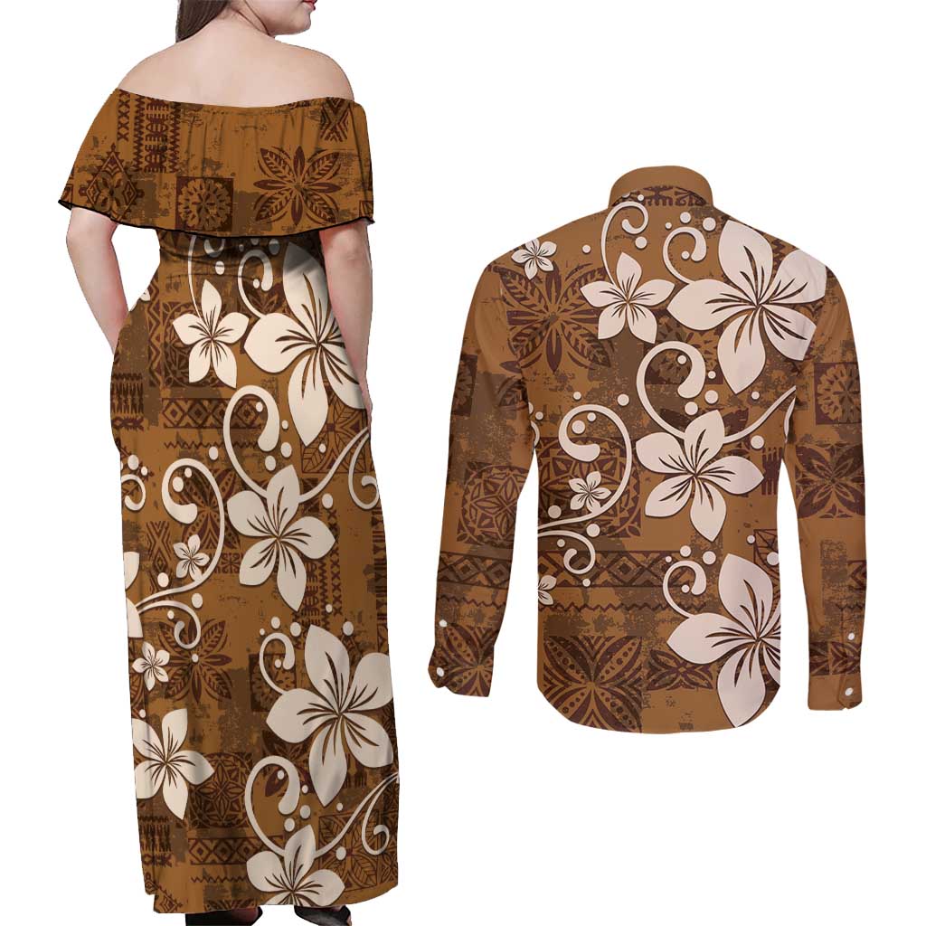 Plumeria Floral Tapa Pattern Vintage Gold Couples Matching Off Shoulder Maxi Dress and Long Sleeve Button Shirt