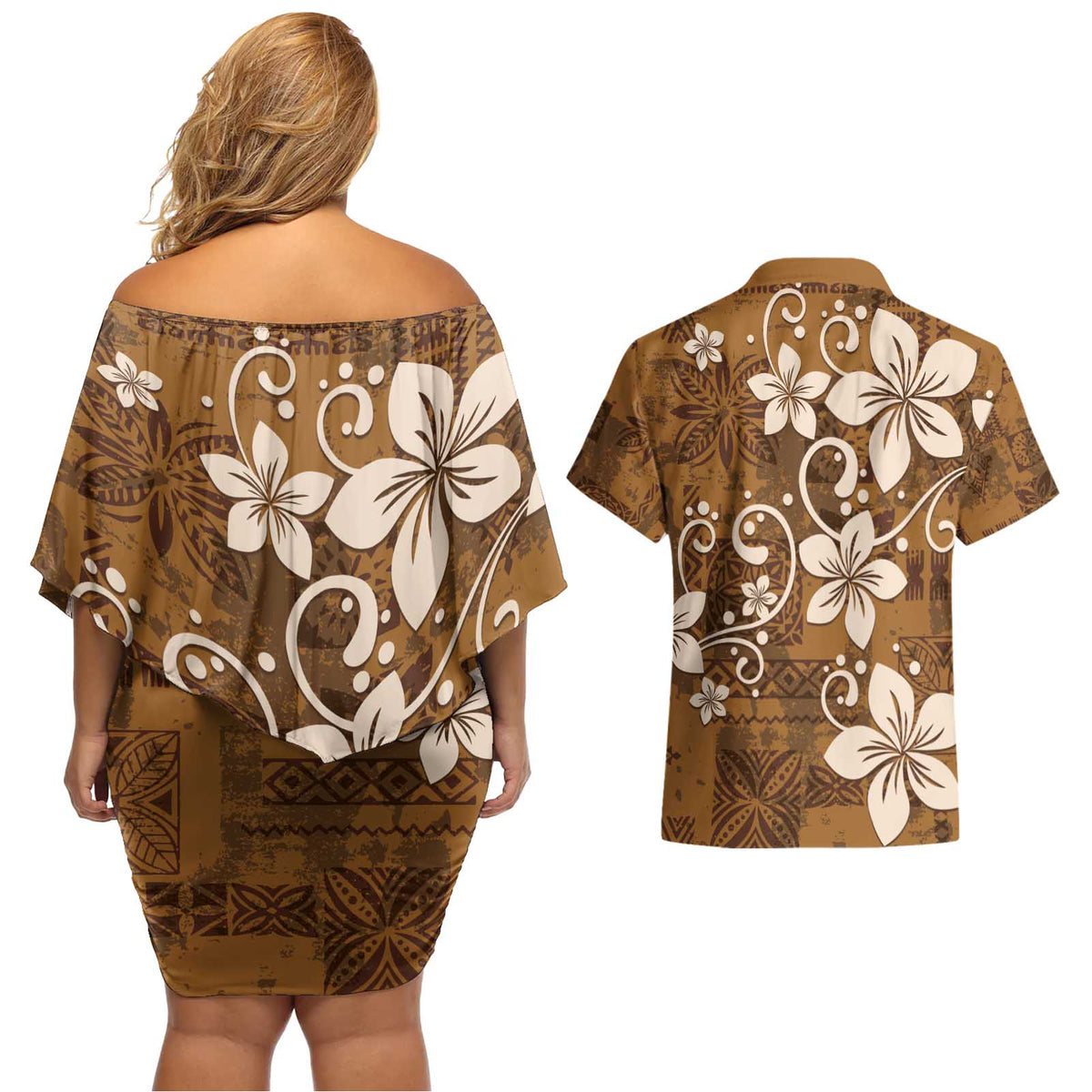 Plumeria Floral Tapa Pattern Vintage Gold Couples Matching Off Shoulder Short Dress and Hawaiian Shirt