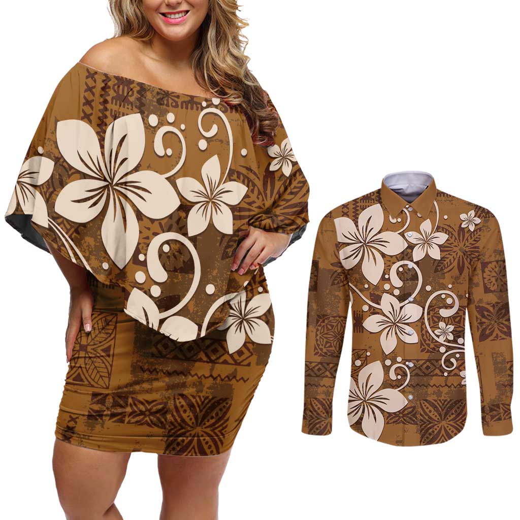 Plumeria Floral Tapa Pattern Vintage Gold Couples Matching Off Shoulder Short Dress and Long Sleeve Button Shirt