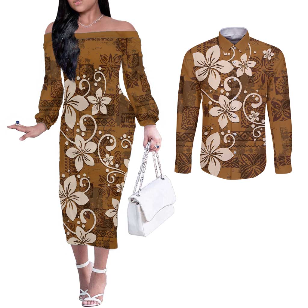 Plumeria Floral Tapa Pattern Vintage Gold Couples Matching Off The Shoulder Long Sleeve Dress and Long Sleeve Button Shirt