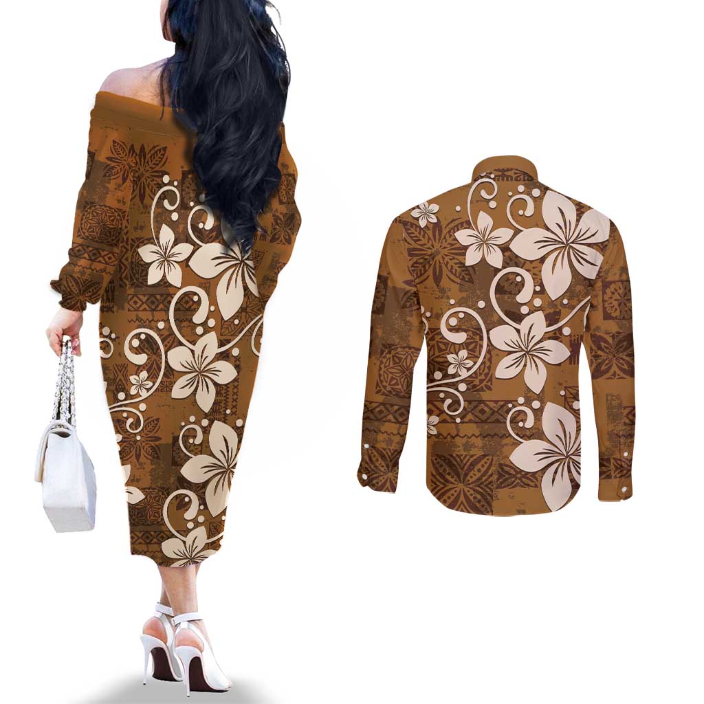 Plumeria Floral Tapa Pattern Vintage Gold Couples Matching Off The Shoulder Long Sleeve Dress and Long Sleeve Button Shirt