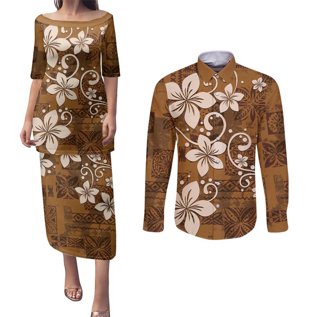 Plumeria Floral Tapa Pattern Vintage Gold Couples Matching Puletasi and Long Sleeve Button Shirt