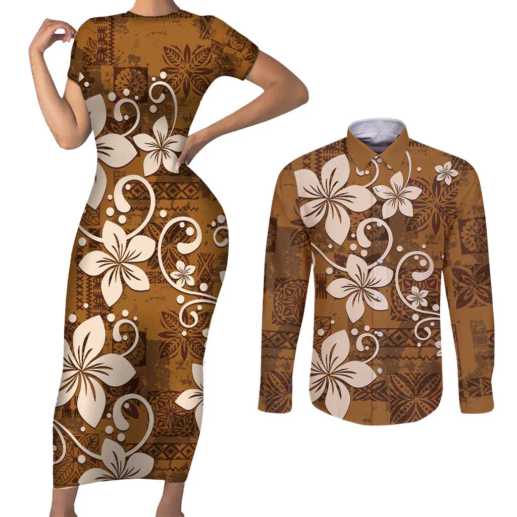 Plumeria Floral Tapa Pattern Vintage Gold Couples Matching Short Sleeve Bodycon Dress and Long Sleeve Button Shirt