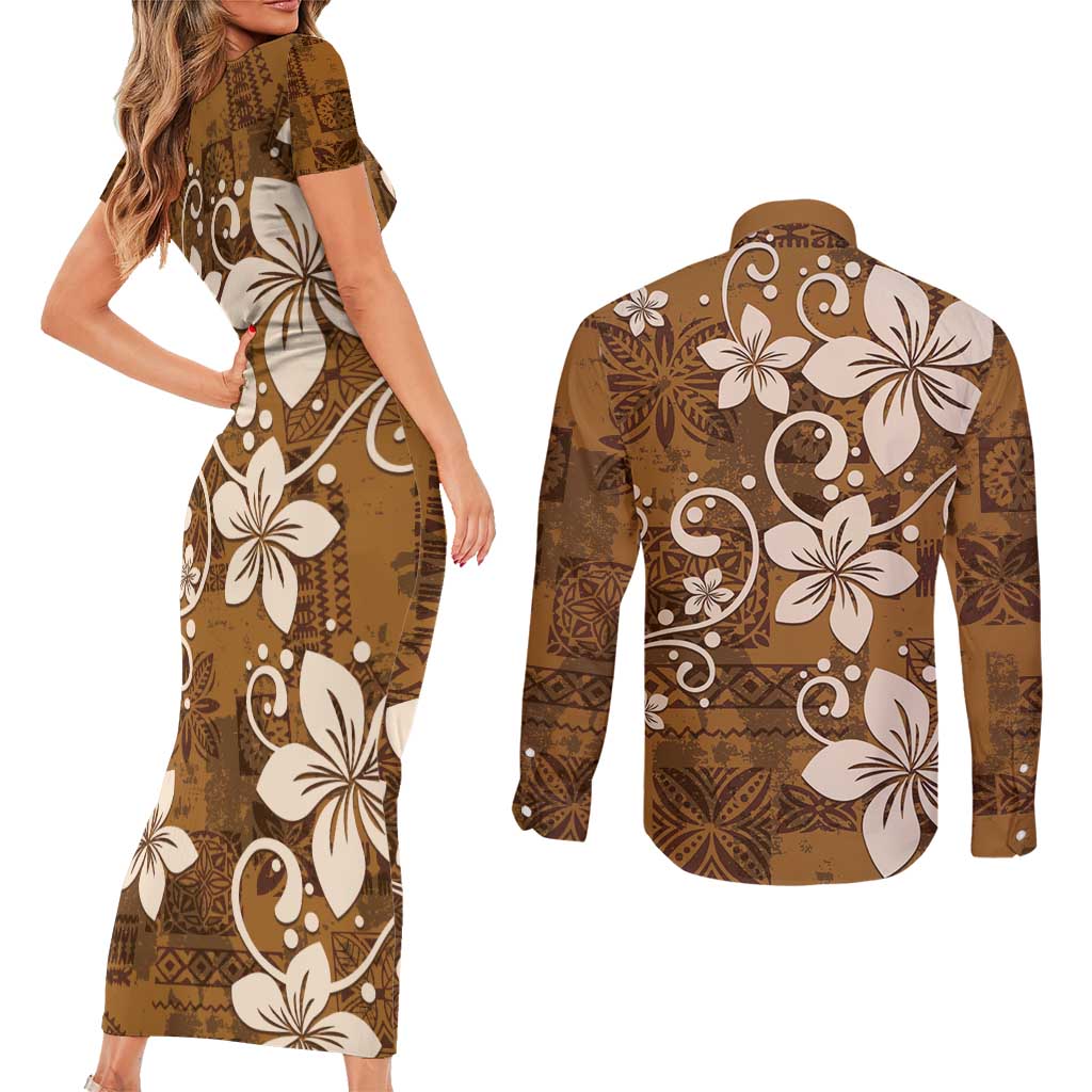 Plumeria Floral Tapa Pattern Vintage Gold Couples Matching Short Sleeve Bodycon Dress and Long Sleeve Button Shirt