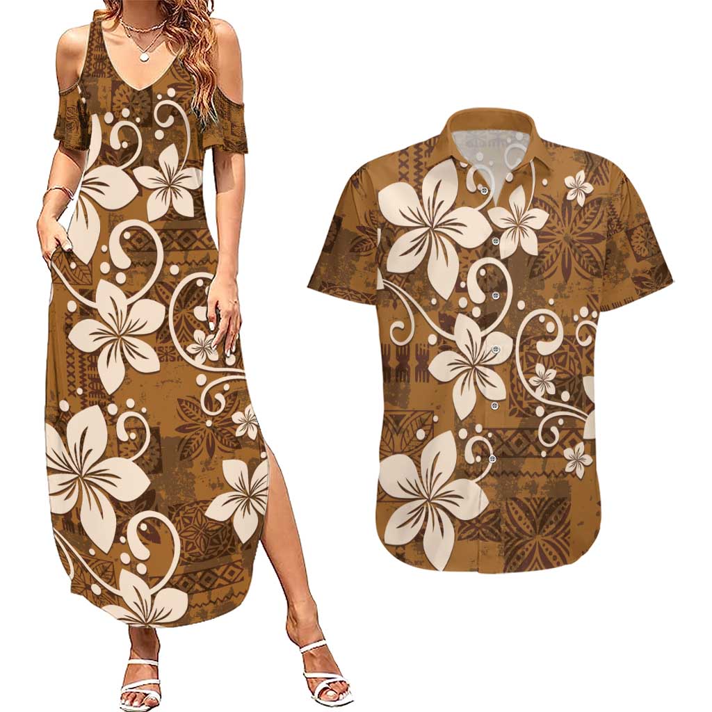 Plumeria Floral Tapa Pattern Vintage Gold Couples Matching Summer Maxi Dress and Hawaiian Shirt